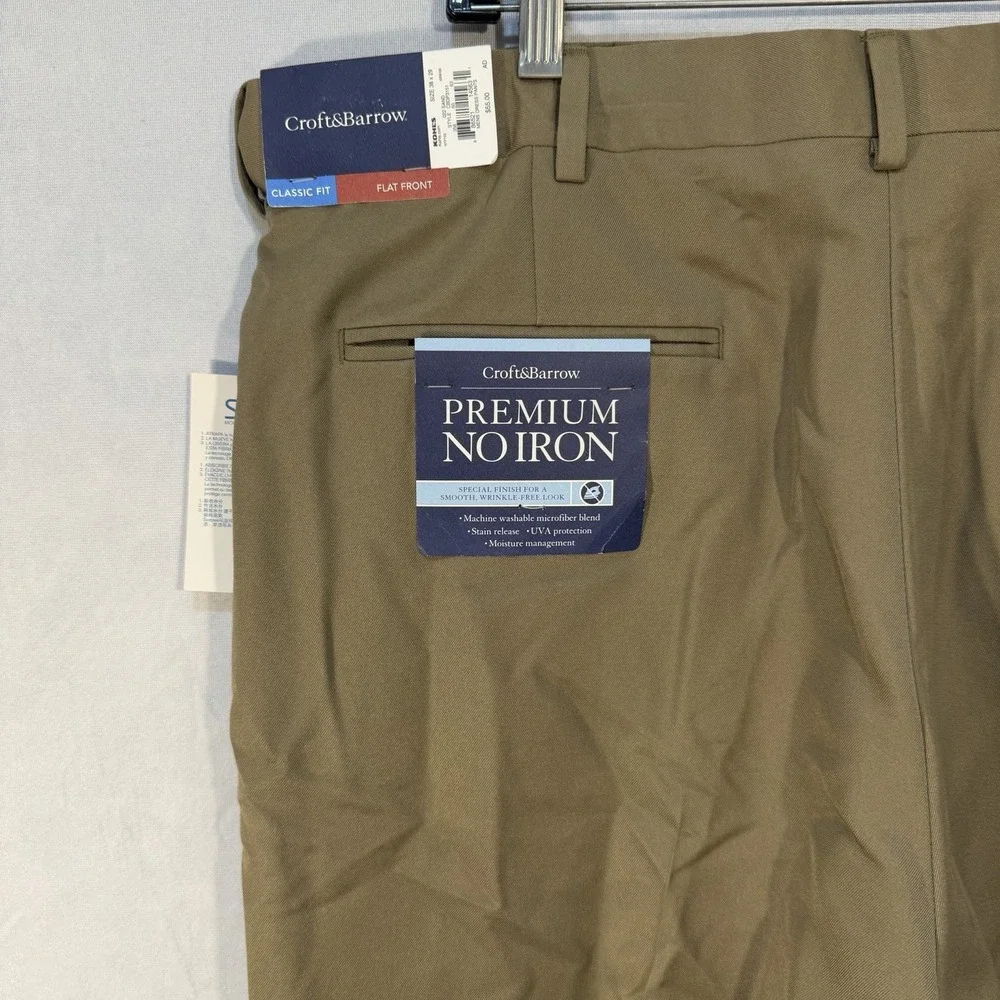 Croft & Barrow Pants Mens 38x29 Tan Khaki Half Elastic‎ Stretch Dress Casual NEW